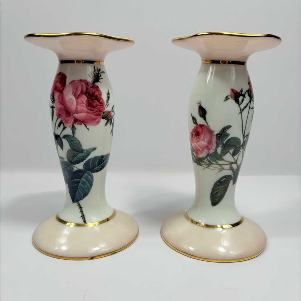 Goebel The Smithsonian Collection Pink Rose Porcelain Candlesticks